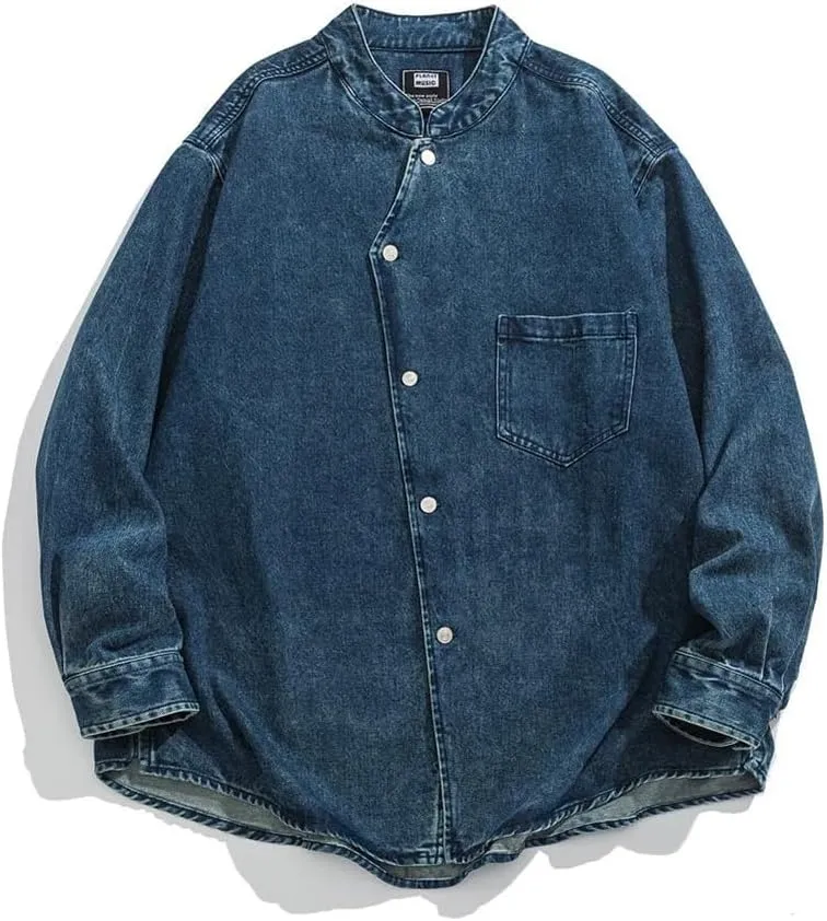 Mens Stand Collar Vintage Washed Denim Shirt Cowboy Streetwear Casual Long Sleeve Shirts Jacket