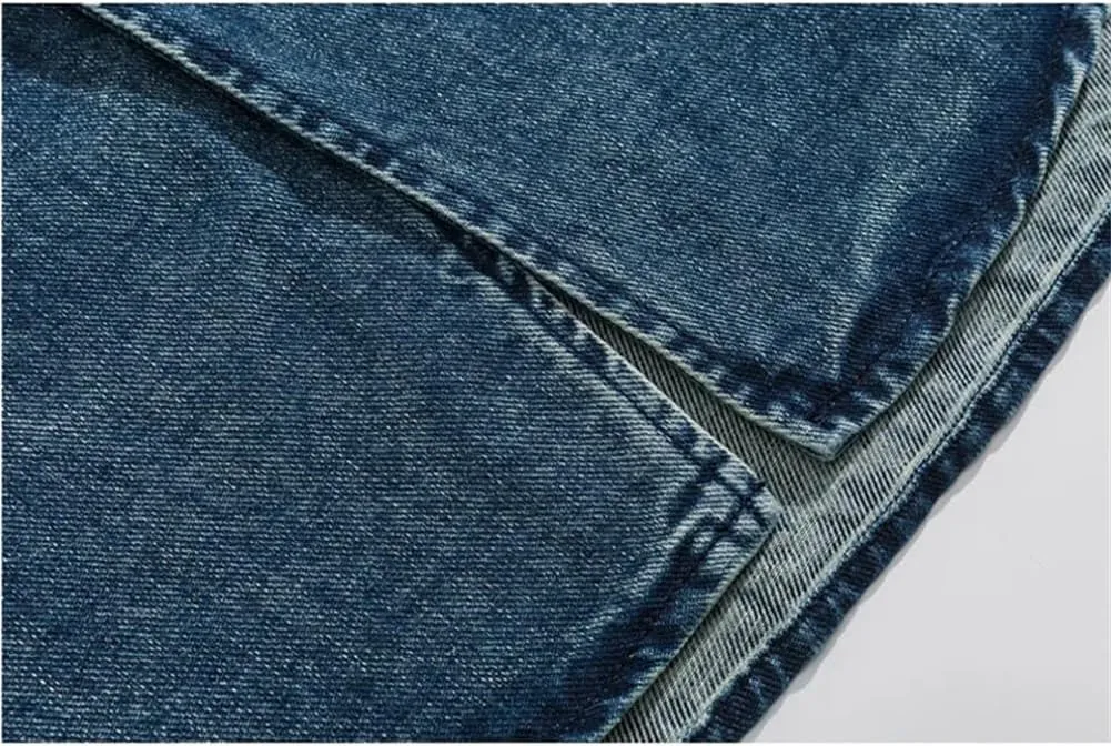 Mens Stand Collar Vintage Washed Denim Shirt Cowboy Streetwear Casual Long Sleeve Shirts Jacket