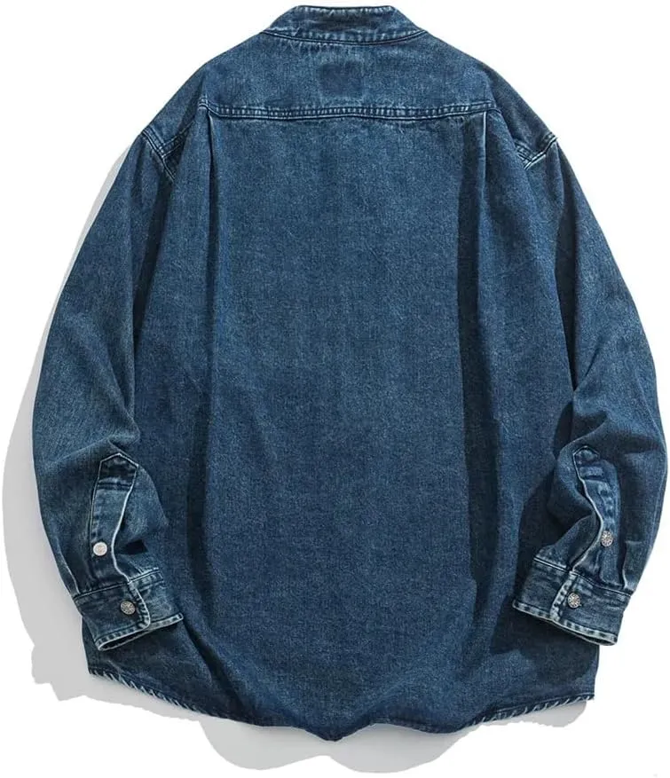 Mens Stand Collar Vintage Washed Denim Shirt Cowboy Streetwear Casual Long Sleeve Shirts Jacket