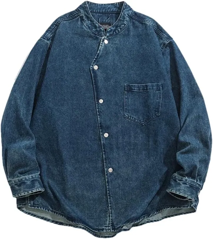 Mens Stand Collar Vintage Washed Denim Shirt Cowboy Streetwear Casual Long Sleeve Shirts Jacket
