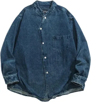 Mens Stand Collar Vintage Washed Denim Shirt Cowboy Streetwear Casual Long Sleeve Shirts Jacket