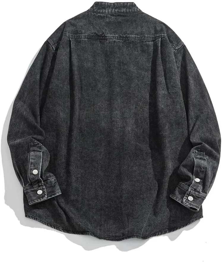 Mens Stand Collar Vintage Washed Denim Shirt Cowboy Streetwear Casual Long Sleeve Shirts Jacket