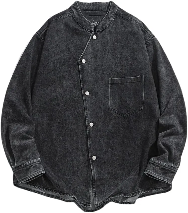 Mens Stand Collar Vintage Washed Denim Shirt Cowboy Streetwear Casual Long Sleeve Shirts Jacket