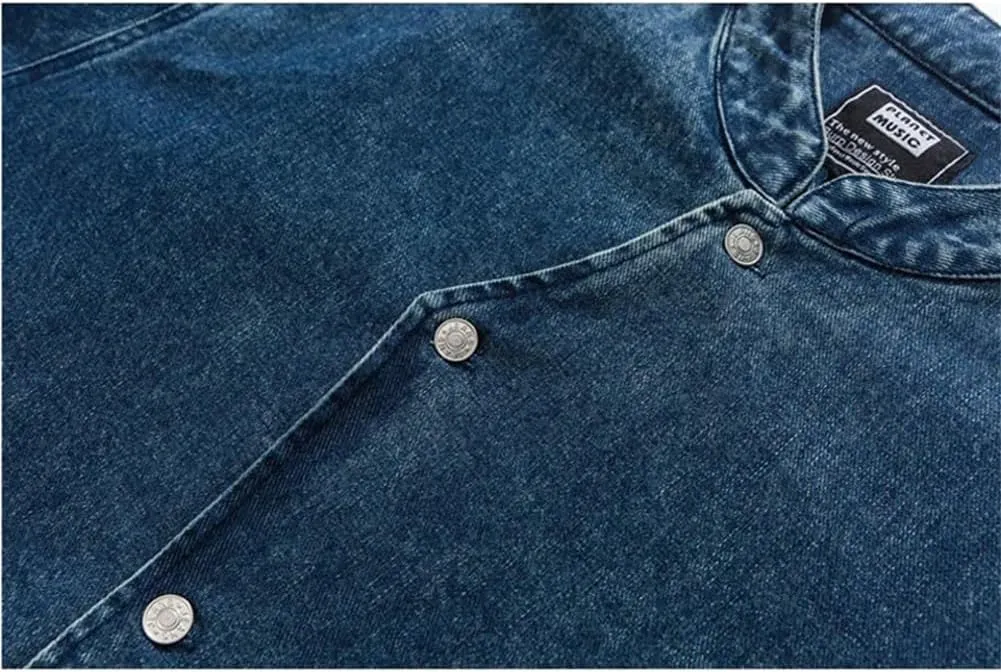 Mens Stand Collar Vintage Washed Denim Shirt Cowboy Streetwear Casual Long Sleeve Shirts Jacket
