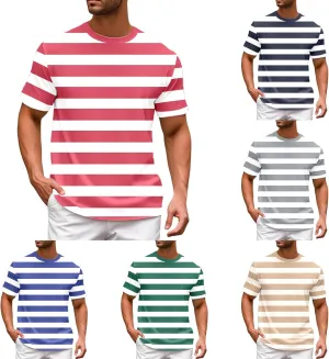 Men's Striped Short Sleeve T-Shirts Casual Crewneck Basic Shirt Color Block Stretch 2025 Summer Beach Tees