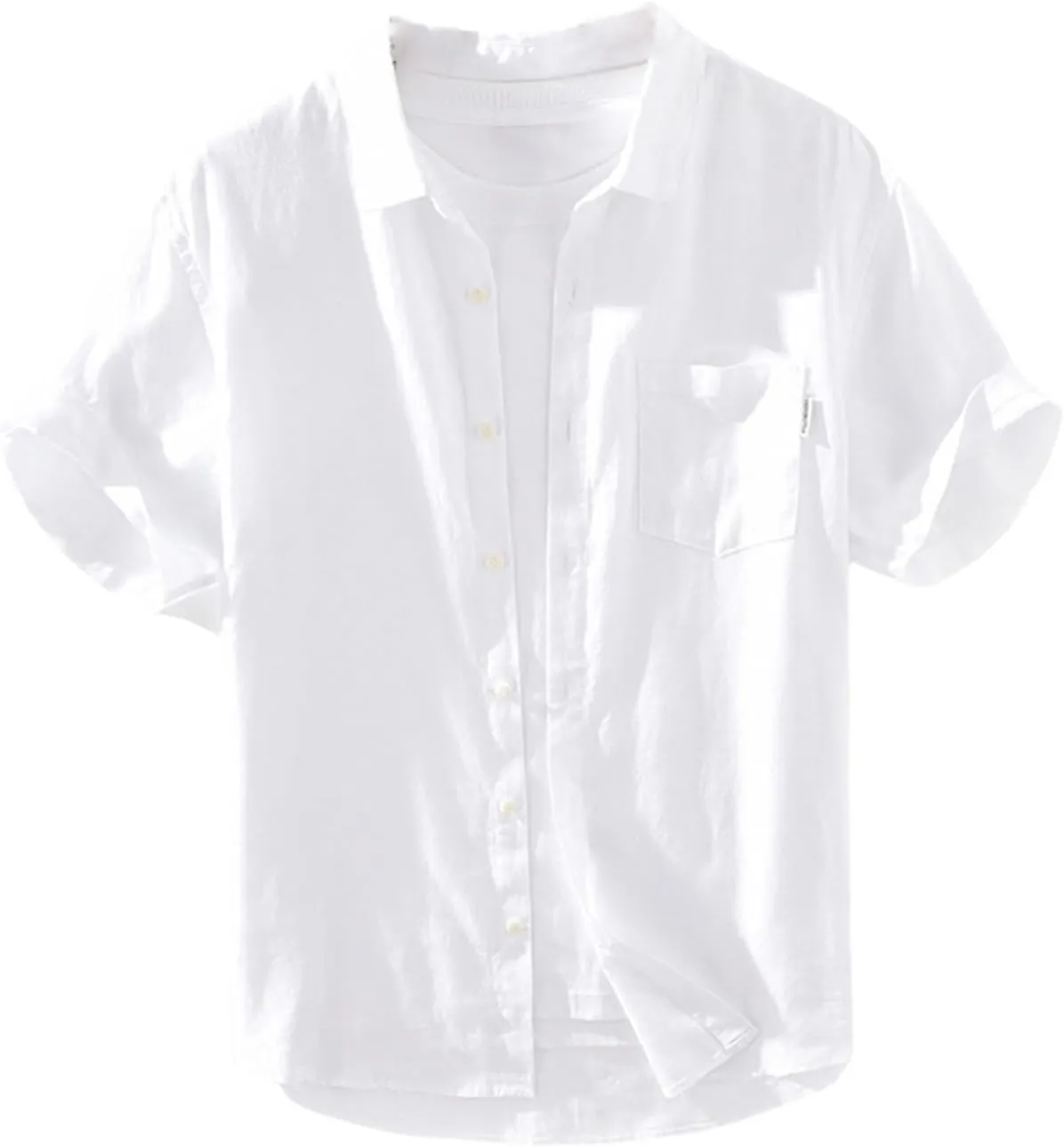 Men's Summer Lightweight Breathable Fresh Loose Fit Spread Collar Linen Short Sleeve Shirt Top