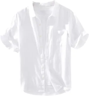 Men's Summer Lightweight Breathable Fresh Loose Fit Spread Collar Linen Short Sleeve Shirt Top