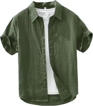 Men's Summer Loose Fit Breathable Literary Casual Solid Color Linen Short Sleeve Shirt Top
