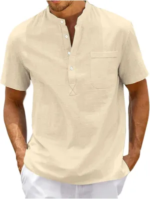 Mens T-Shirts Casual Linen Shirts for Men Summer Henely Tops Regular Fit Workout Short Sleeve Man Beach Tee Pockets