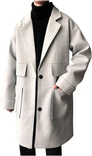 Mens Trench Coat Classic Notch Lapel Single Breasted Wool Blend Overcoat Winter Thermal Long Jacket with Pockets