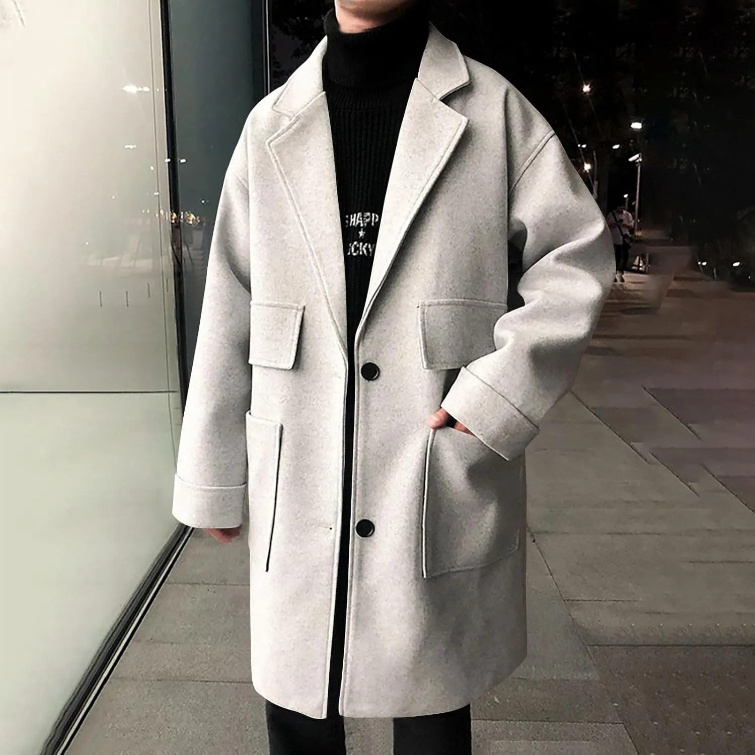 Mens Trench Coat Classic Notch Lapel Single Breasted Wool Blend Overcoat Winter Thermal Long Jacket with Pockets