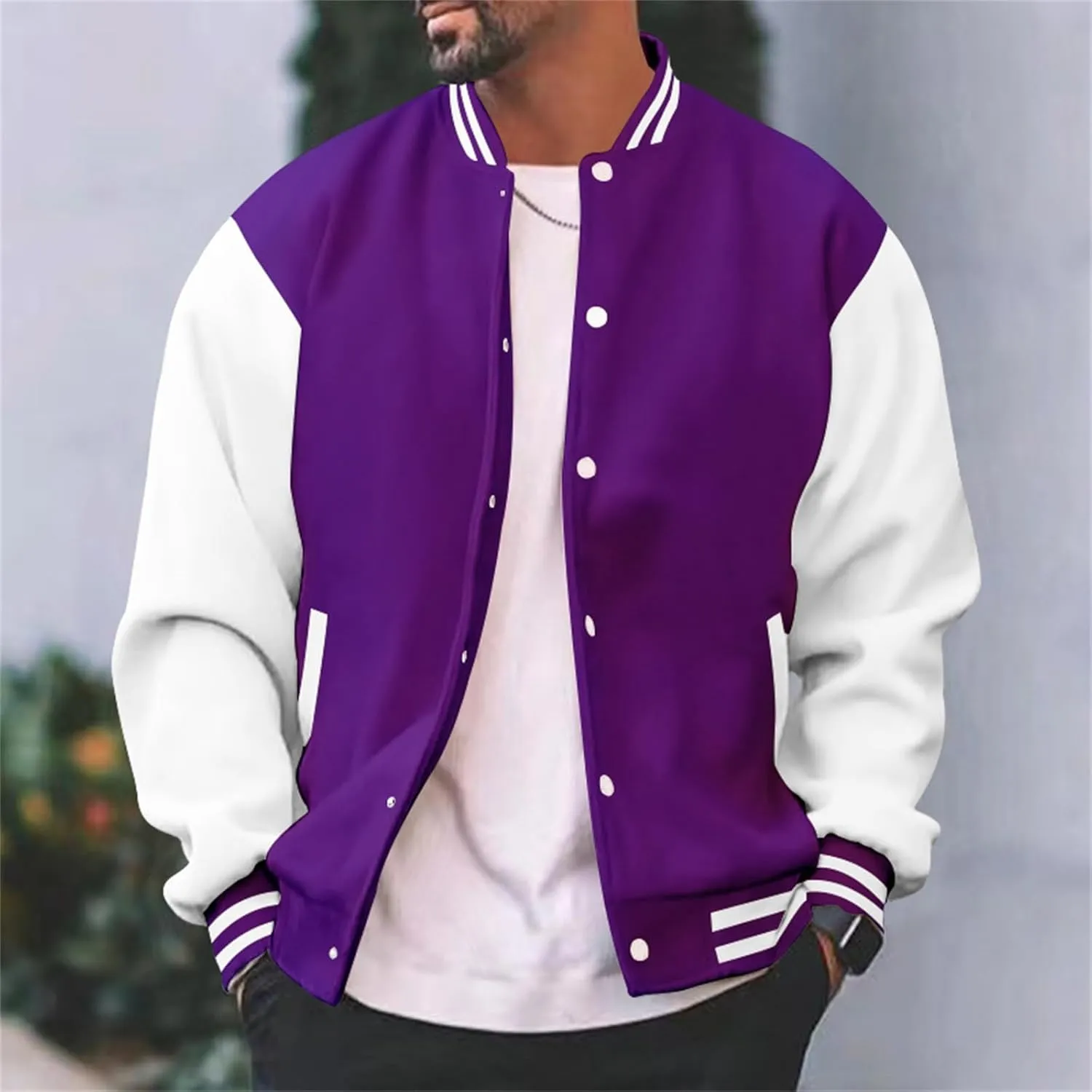 Mens Varsity Jacket Fashion Long Sleeve Button Colorblock Casual Coat Plus Size College Baseball Outwear with Pockets