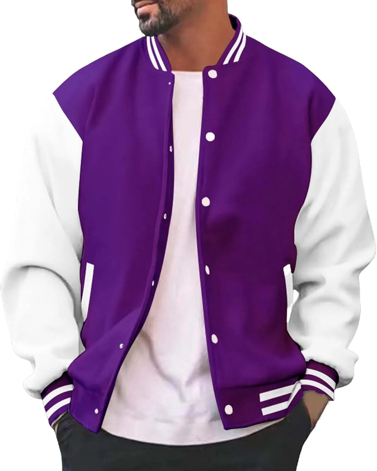 Mens Varsity Jacket Fashion Long Sleeve Button Colorblock Casual Coat Plus Size College Baseball Outwear with Pockets