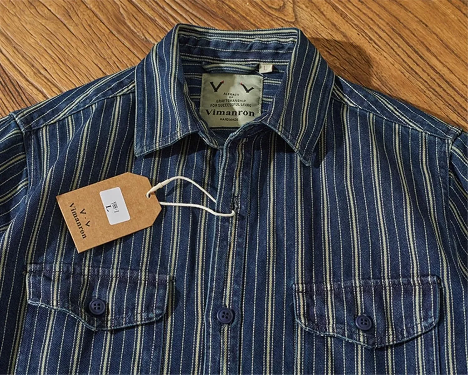 Men's Vintage Vertical Stripe Denim Shirt Heavy Washed Cargo Jacket Make Old Jean Shirt
