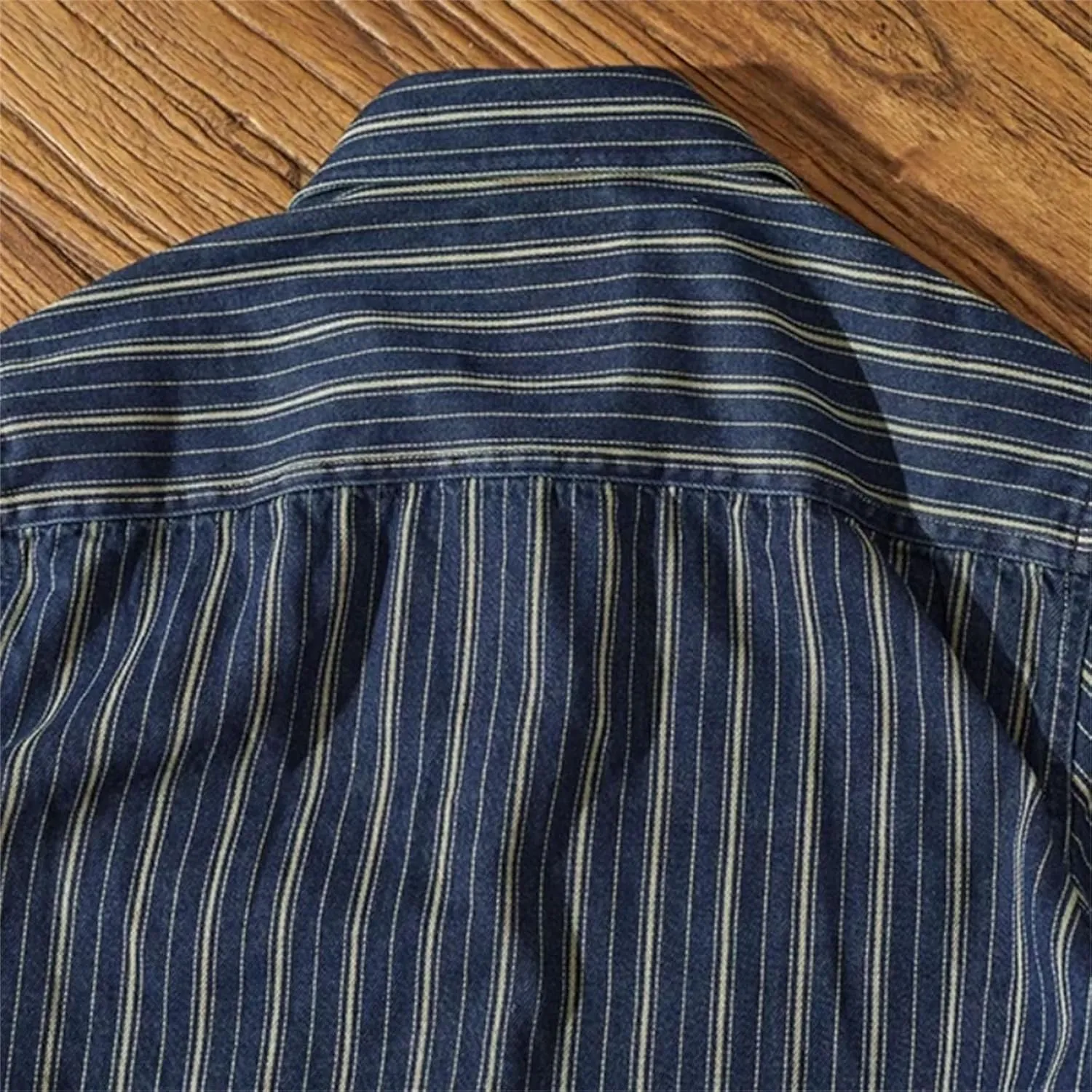 Men's Vintage Vertical Stripe Denim Shirt Heavy Washed Cargo Jacket Make Old Jean Shirt