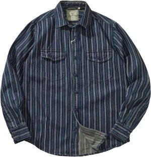 Men's Vintage Vertical Stripe Denim Shirt Heavy Washed Cargo Jacket Make Old Jean Shirt