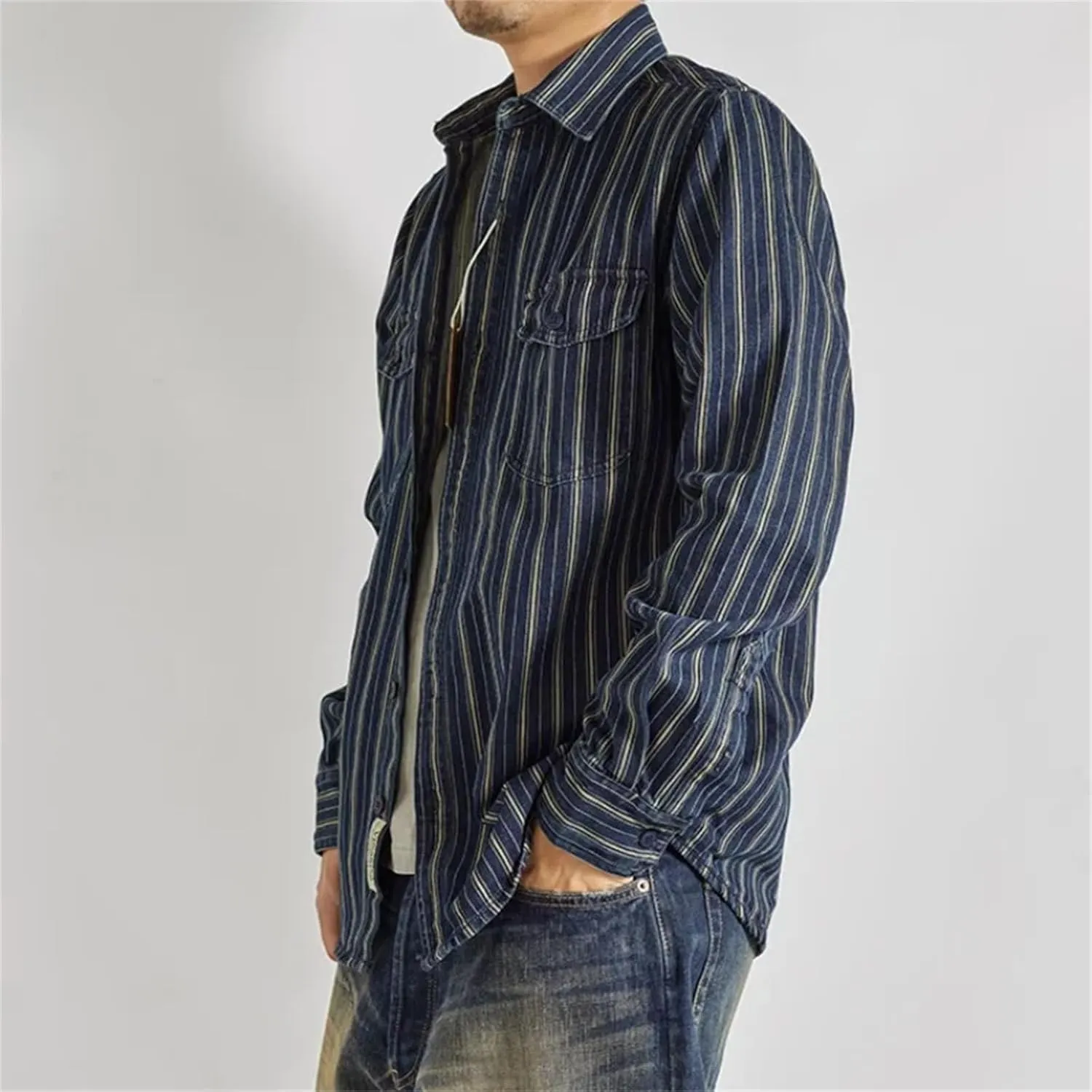 Men's Vintage Vertical Stripe Denim Shirt Heavy Washed Cargo Jacket Make Old Jean Shirt