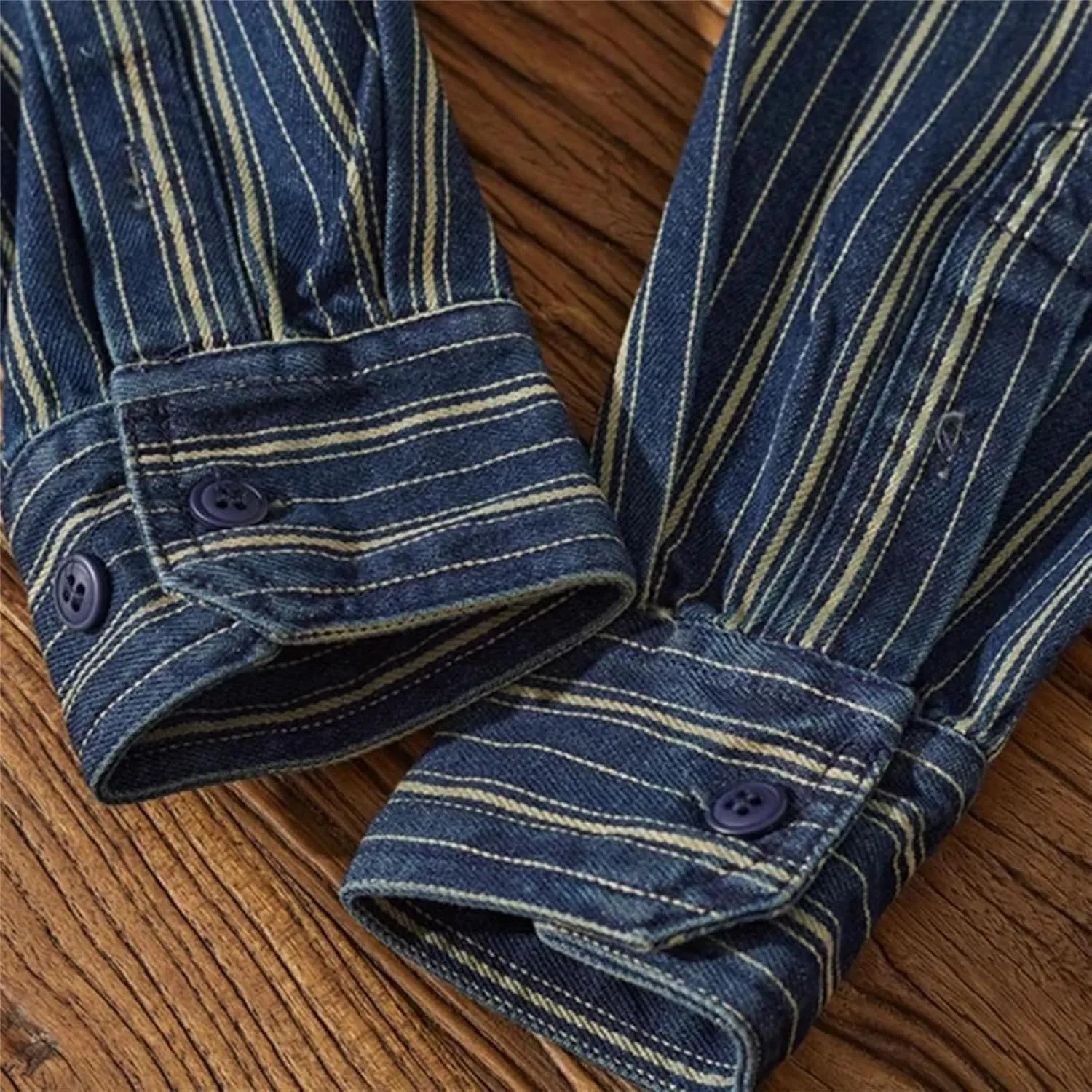 Men's Vintage Vertical Stripe Denim Shirt Heavy Washed Cargo Jacket Make Old Jean Shirt