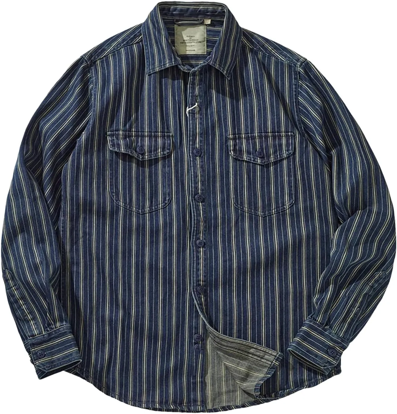 Men's Vintage Vertical Stripe Denim Shirt Heavy Washed Cargo Jacket Make Old Jean Shirt