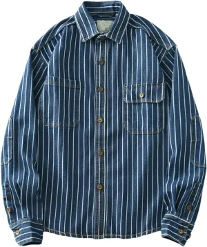 Men's Vintage Washed Denim Shirt Jacket Loose Vertical Stripe Long Sleeve Shirt Coat