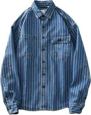 Men's Vintage Washed Denim Shirt Jacket Loose Vertical Stripe Long Sleeve Shirt Coat