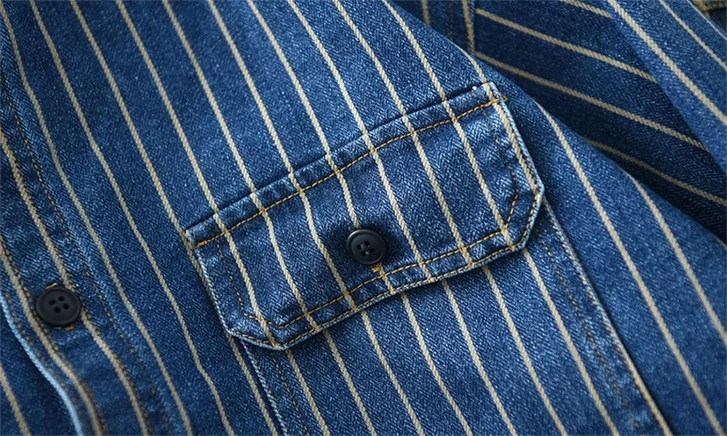 Men's Vintage Washed Denim Shirt Jacket Loose Vertical Stripe Long Sleeve Shirt Coat