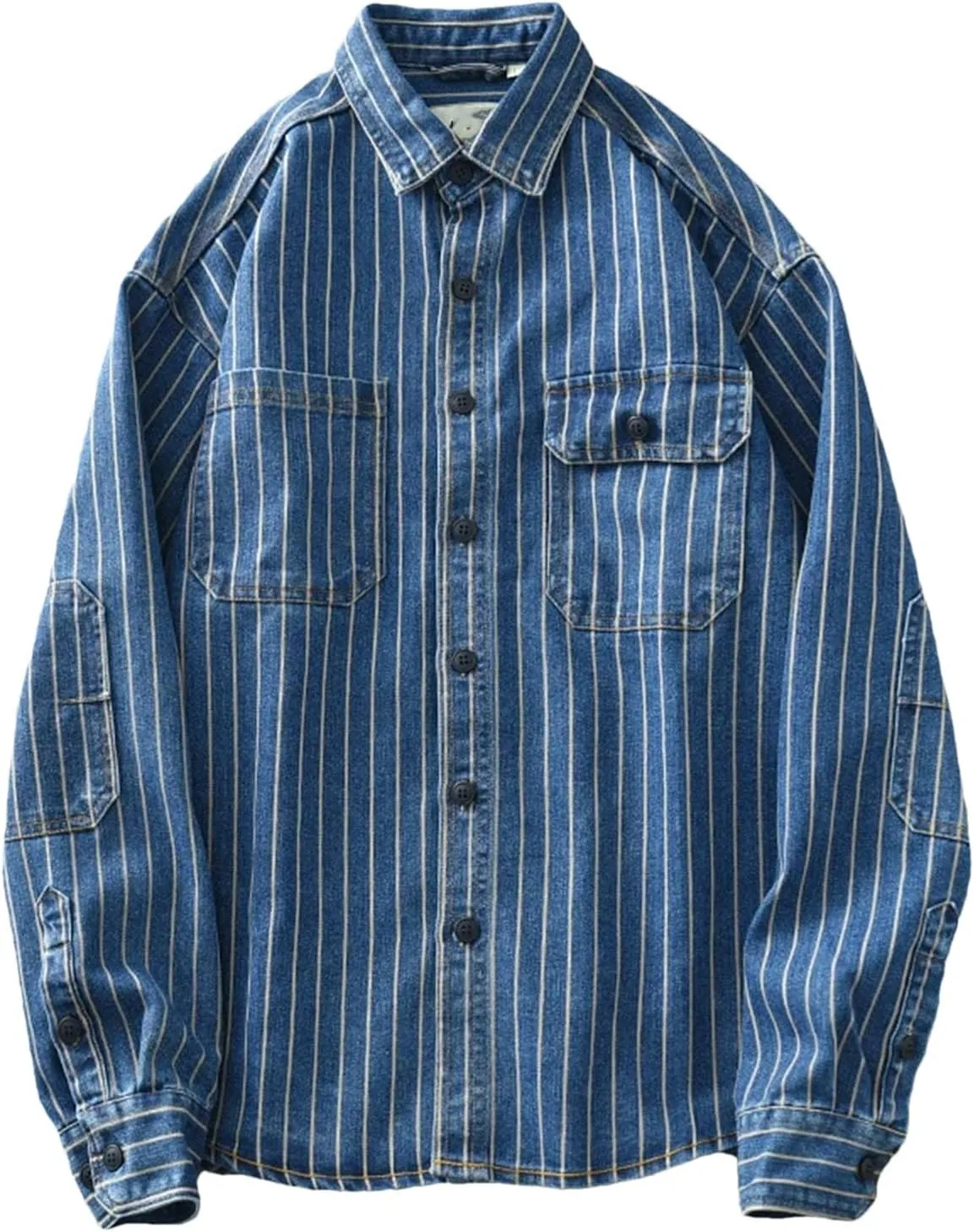 Men's Vintage Washed Denim Shirt Jacket Loose Vertical Stripe Long Sleeve Shirt Coat