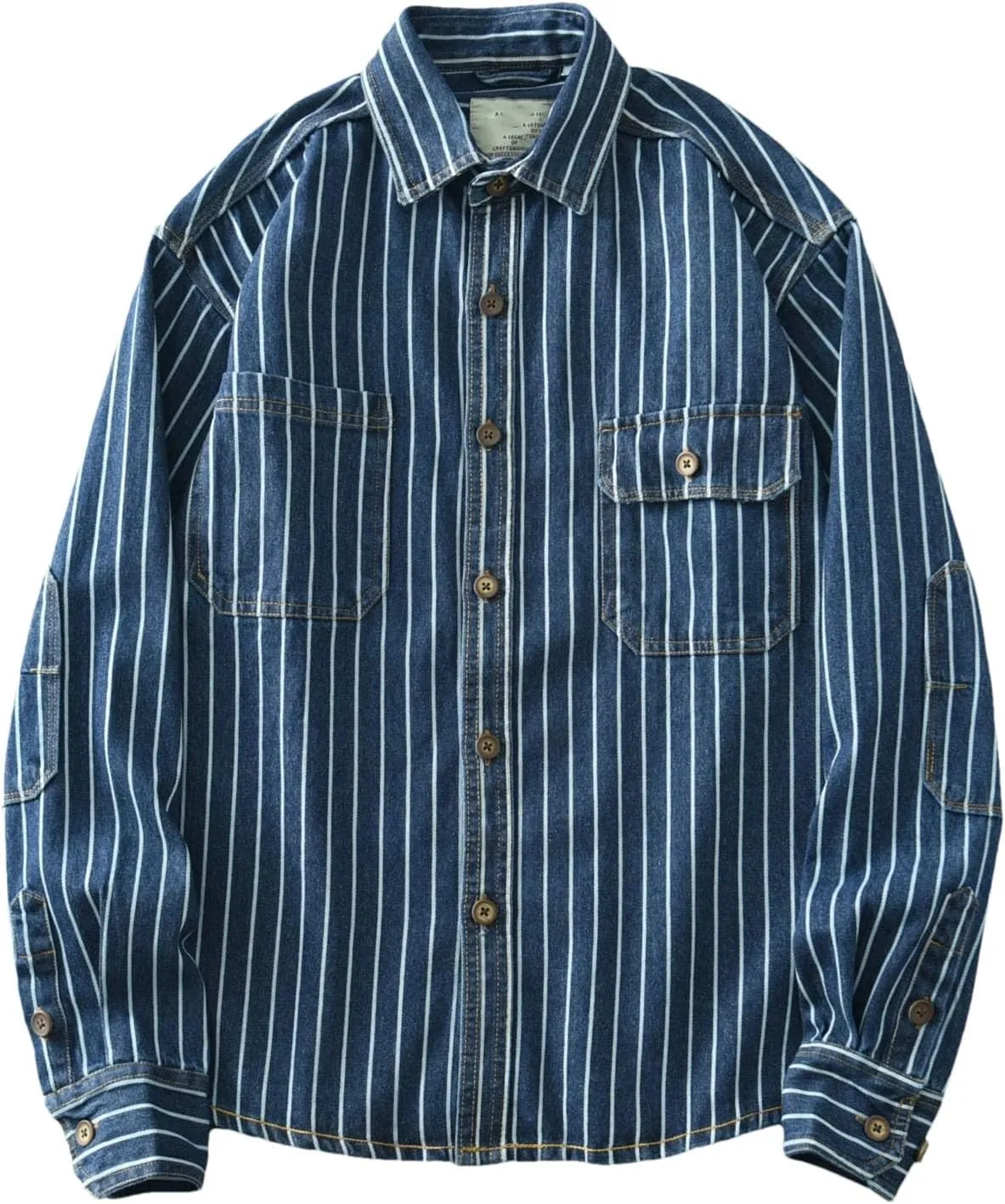 Men's Vintage Washed Denim Shirt Jacket Loose Vertical Stripe Long Sleeve Shirt Coat