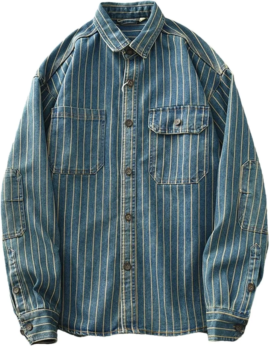 Men's Vintage Washed Denim Shirt Jacket Loose Vertical Stripe Long Sleeve Shirt Coat