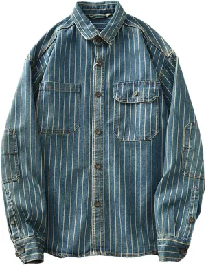 Men's Vintage Washed Denim Shirt Jacket Loose Vertical Stripe Long Sleeve Shirt Coat
