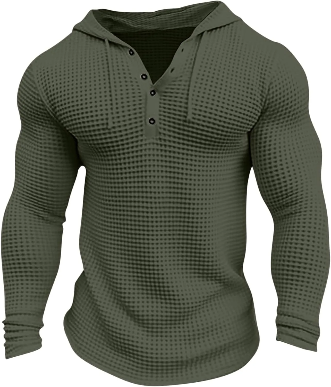 Men's Waffle Hooded T-Shirt Long Sleeve Button-Down Henley Shirt Solid Casual Fashion Pullover Hoodies All-Match Tops