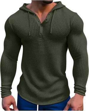 Men's Waffle Hooded T-Shirt Long Sleeve Button-Down Henley Shirt Solid Casual Fashion Pullover Hoodies All-Match Tops