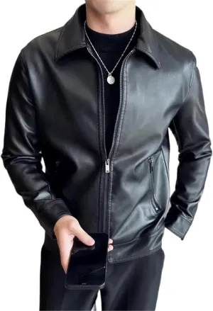Men's Windproof Neck Leather Jacket, Casual Slim-fit Motorcycle Pilot Leather Jacket