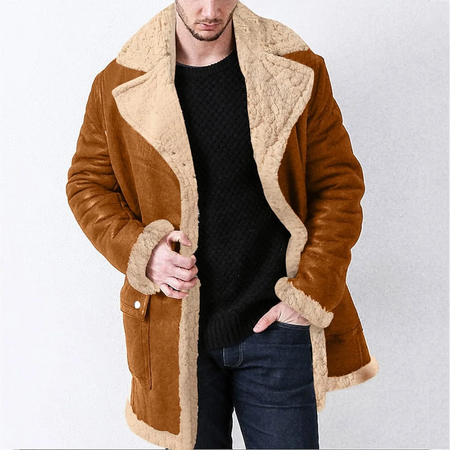 Mens Winter Coats, Men's Lamb Wool Bomber Coat Faux Leather Sherpa Fleece Lined Jacket Heavyweight Sheepskin Jackets