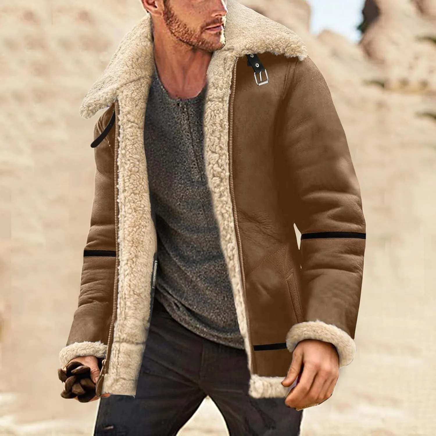Mens Winter Coats, Mens Sherpa Fleece Lined Faux Leather Jacket Heavyweight Zip Up Bomber Jackets Vintage Winter Coats