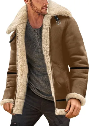 Mens Winter Coats, Mens Sherpa Fleece Lined Faux Leather Jacket Heavyweight Zip Up Bomber Jackets Vintage Winter Coats