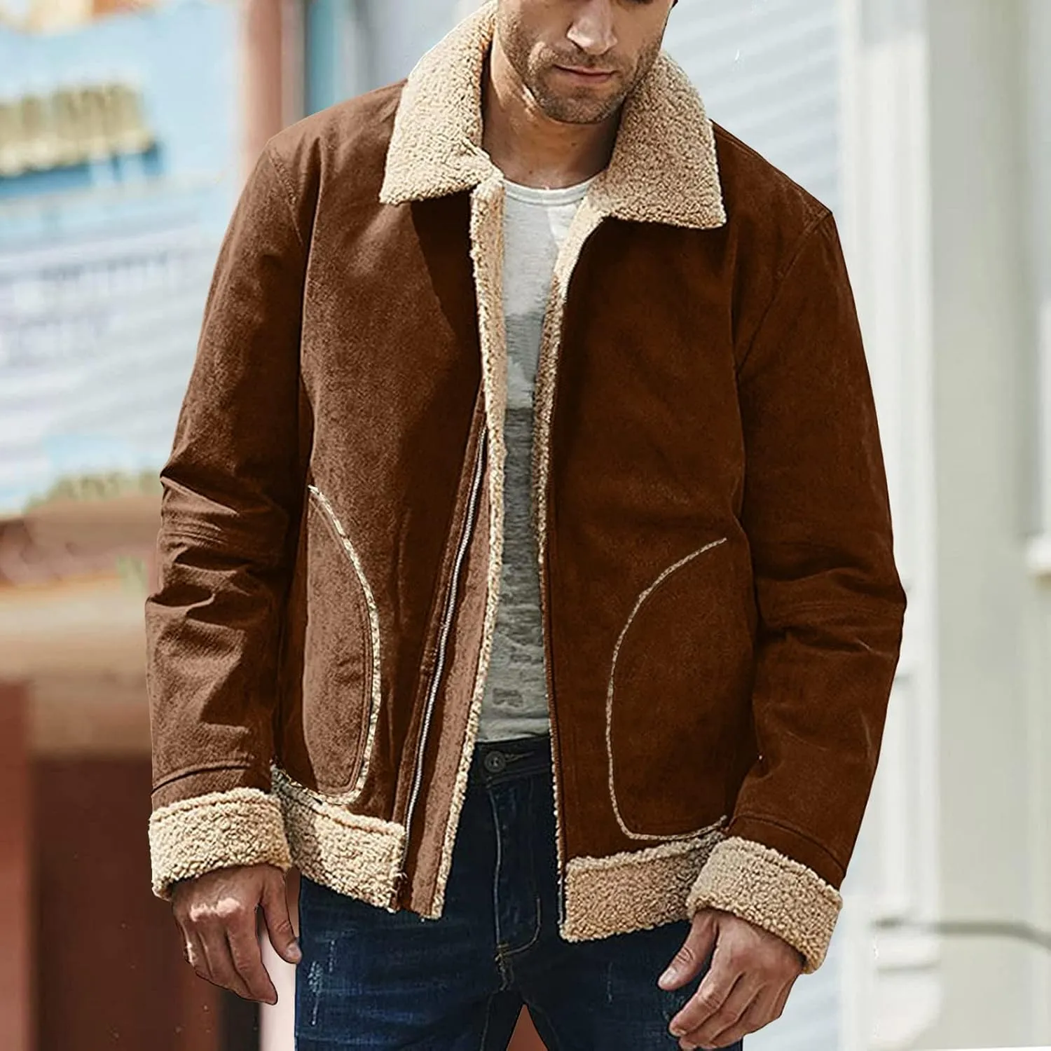 Mens Winter Coats, Mens Vintage Faux Leather Jacket Sherpa Lined Heavyweight Shearing Coat Plus Size Thicken Jacket