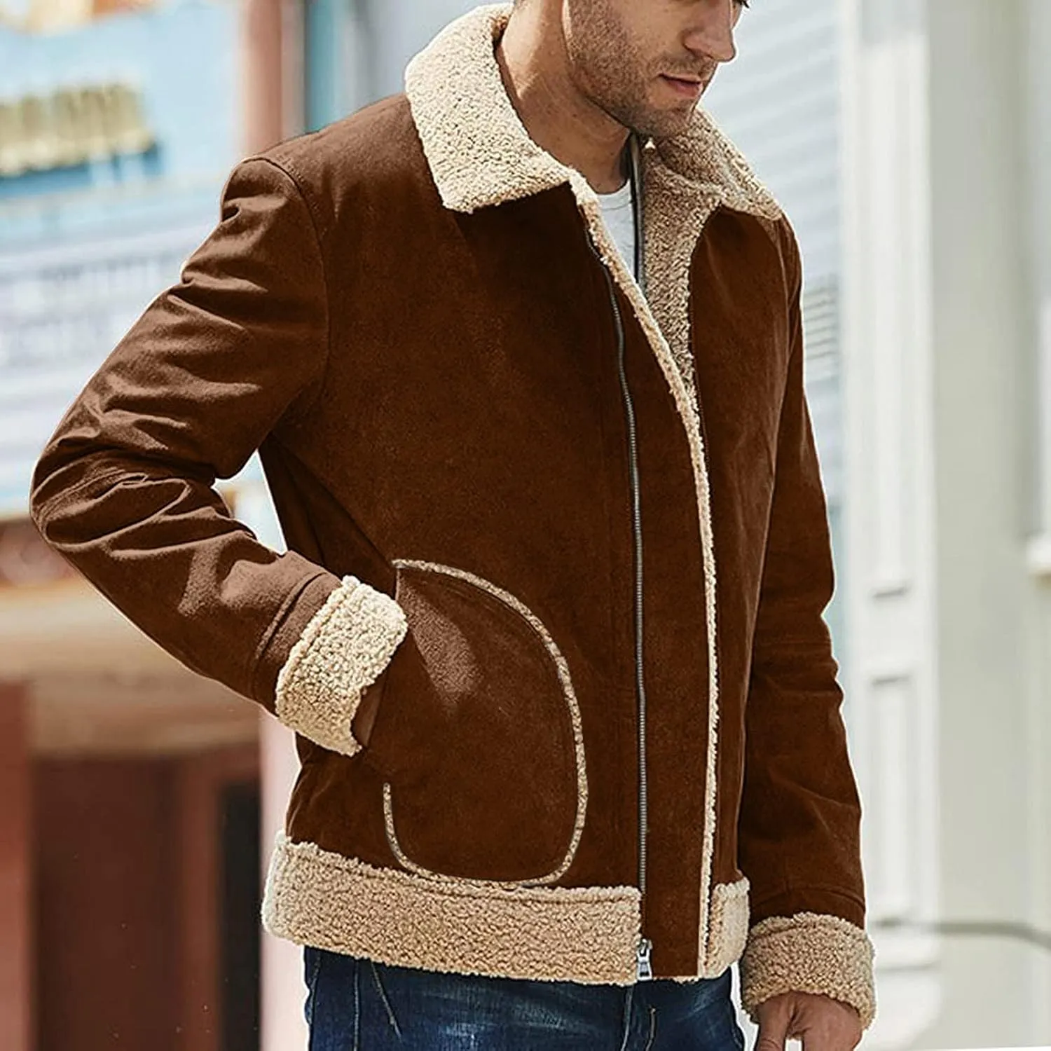 Mens Winter Coats, Mens Vintage Faux Leather Jacket Sherpa Lined Heavyweight Shearing Coat Plus Size Thicken Jacket