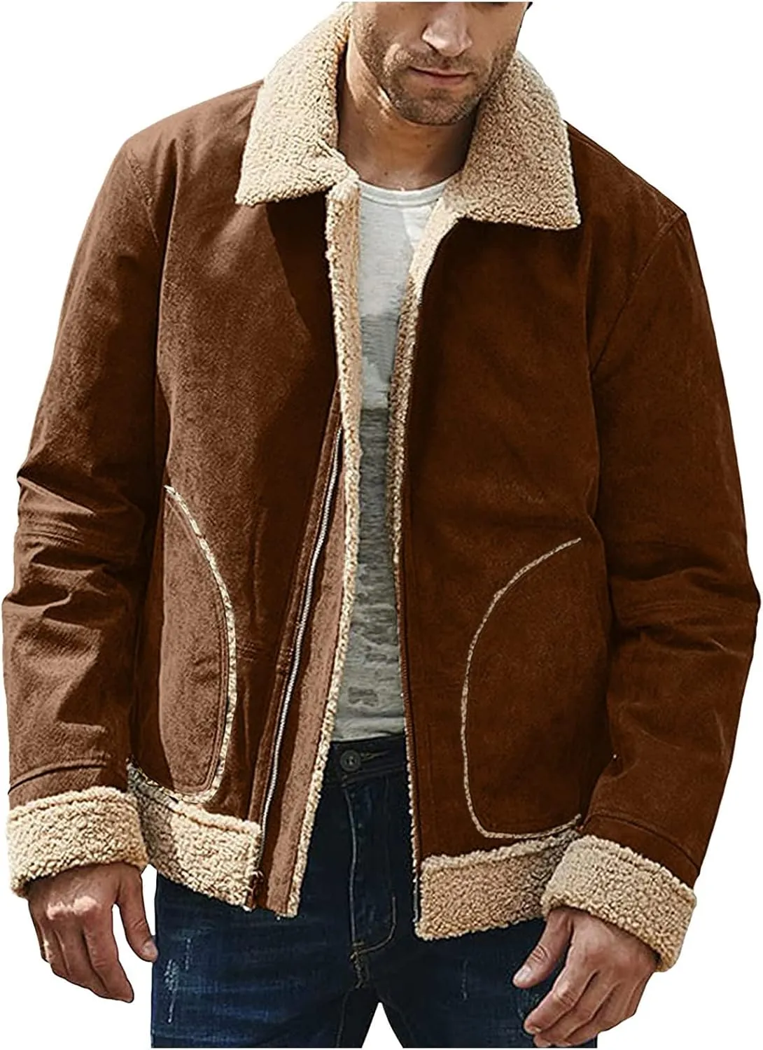 Mens Winter Coats, Mens Vintage Faux Leather Jacket Sherpa Lined Heavyweight Shearing Coat Plus Size Thicken Jacket