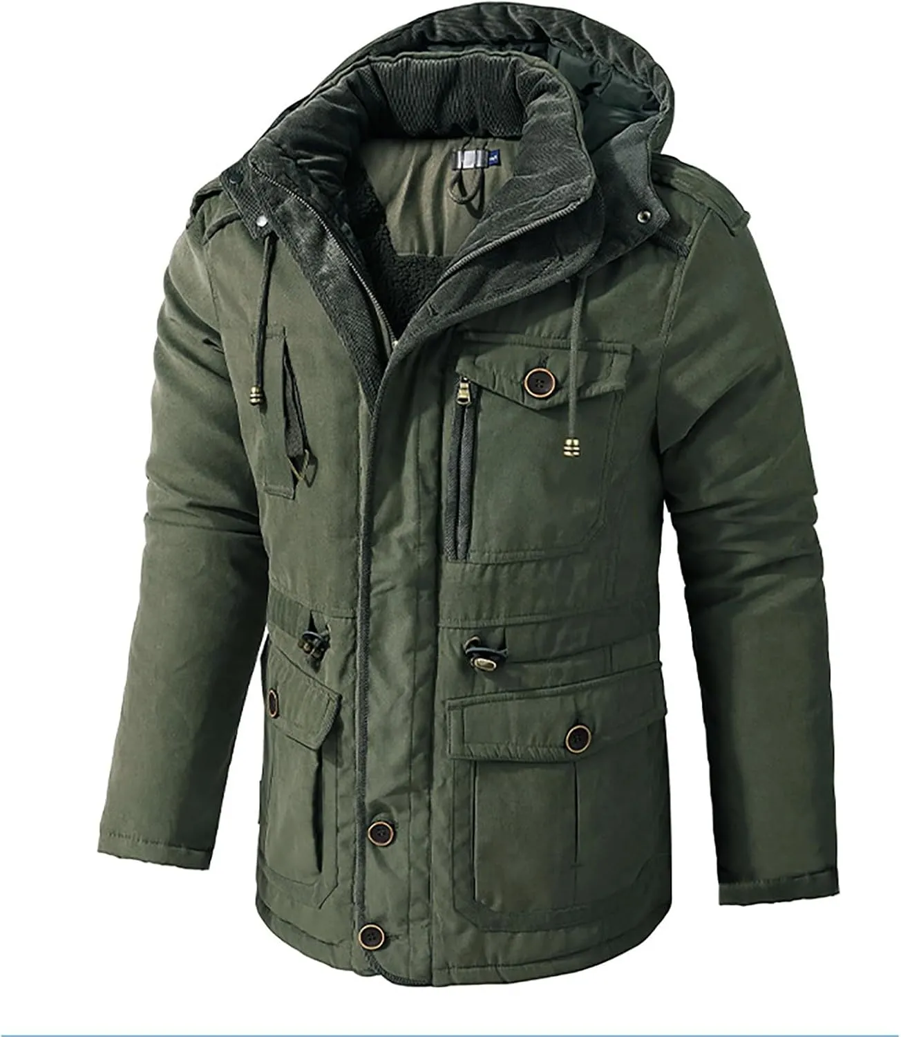 Men's Winter Hooded Jacket Sherpa Fleece Lined Warm Windbreaker Coat Thicken Long Sleeve Snap Work Parka with Pockets
