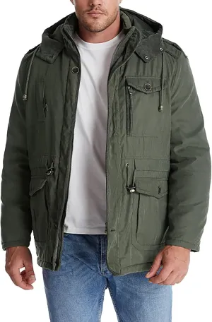 Men's Winter Hooded Jacket Sherpa Fleece Lined Warm Windbreaker Coat Thicken Long Sleeve Snap Work Parka with Pockets