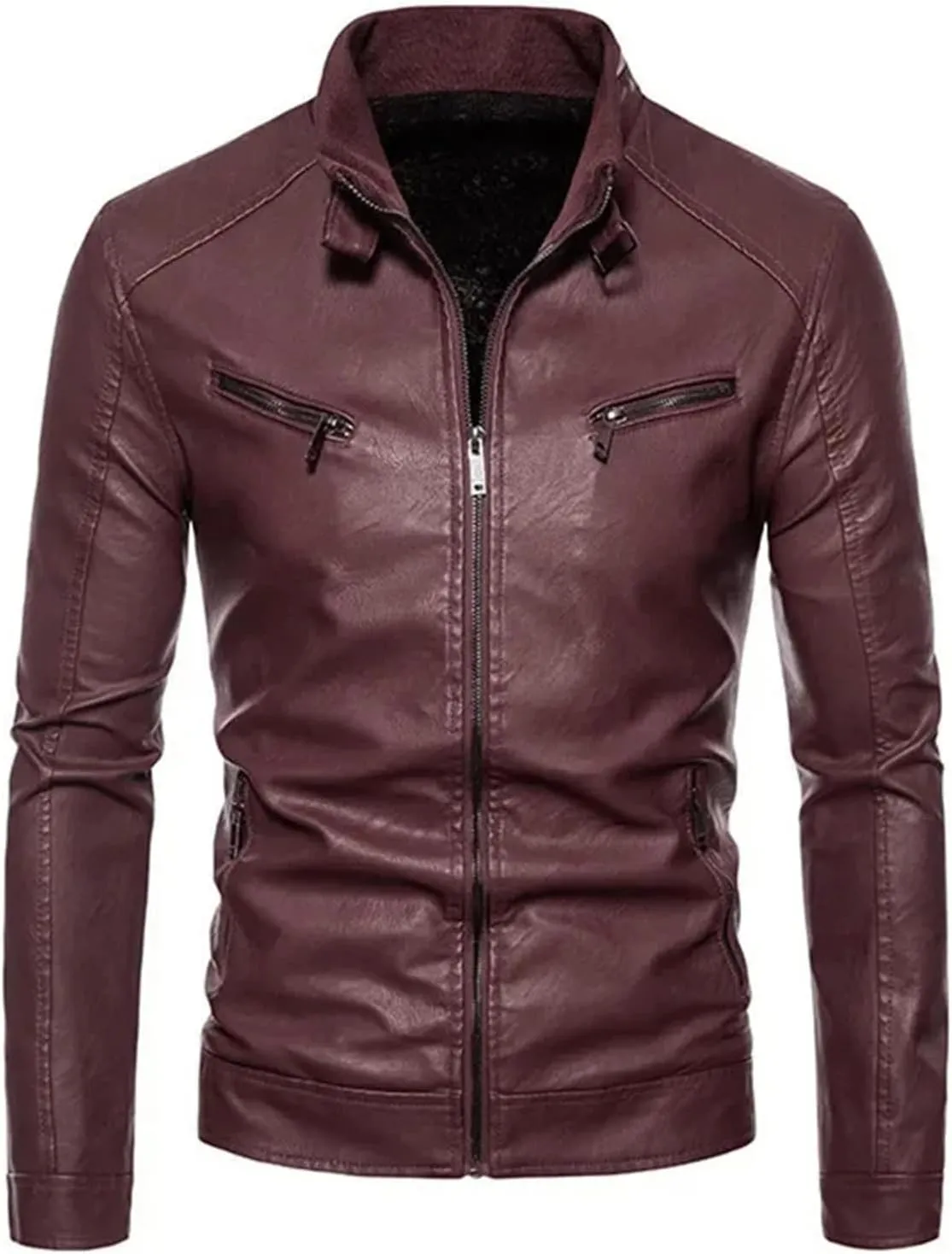 Mens Winter Leather Jacket Casual Stand Collar Solid Tight Zipper PU Jacket Black Motorcycle Leather Jacket
