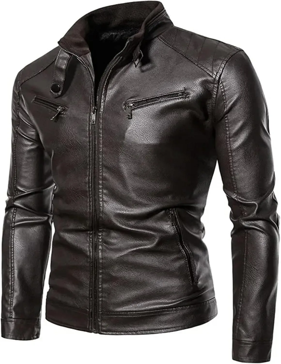 Mens Winter Leather Jacket Casual Stand Collar Solid Tight Zipper PU Jacket Black Motorcycle Leather Jacket