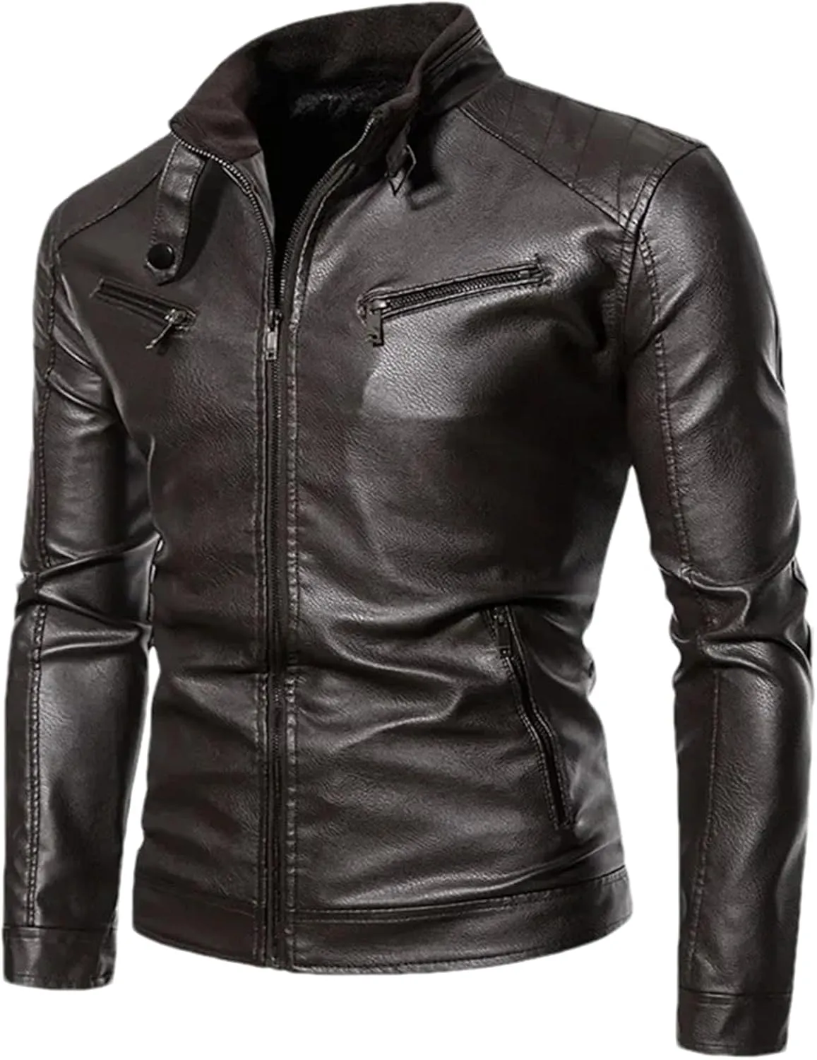 Mens Winter Leather Jacket Casual Stand Collar Solid Tight Zipper PU Jacket Black Motorcycle Leather Jacket