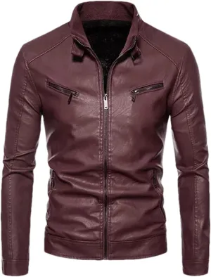 Mens Winter Leather Jacket Casual Stand Collar Solid Tight Zipper PU Jacket Black Motorcycle Leather Jacket