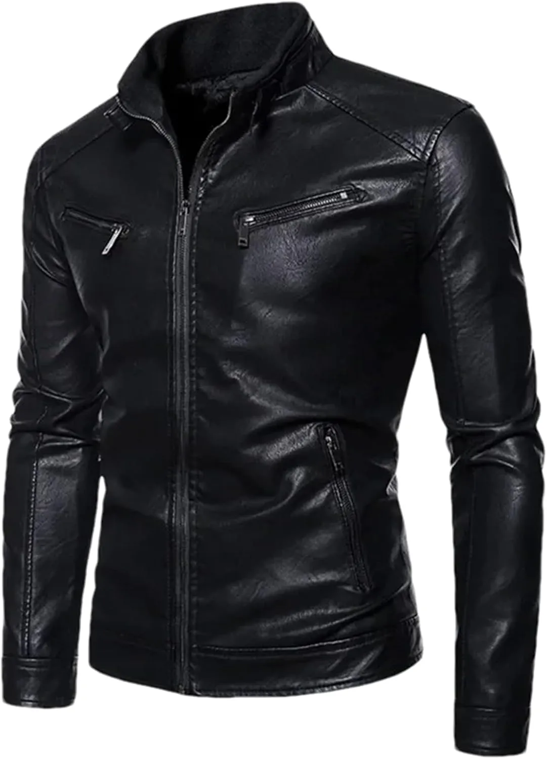 Mens Winter Leather Jacket Casual Stand Collar Solid Tight Zipper PU Jacket Black Motorcycle Leather Jacket