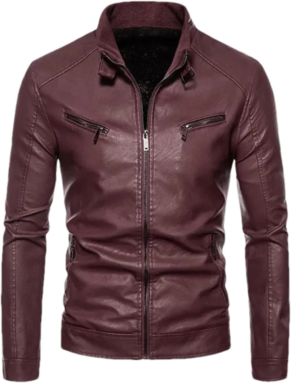 Mens Winter Leather Jacket Casual Stand Collar Solid Tight Zipper PU Jacket Black Motorcycle Leather Jacket