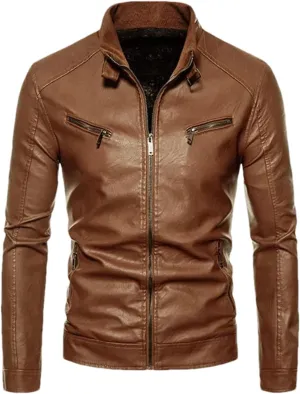 Mens Winter Leather Jacket Casual Stand Collar Solid Tight Zipper PU Jacket Black Motorcycle Leather Jacket