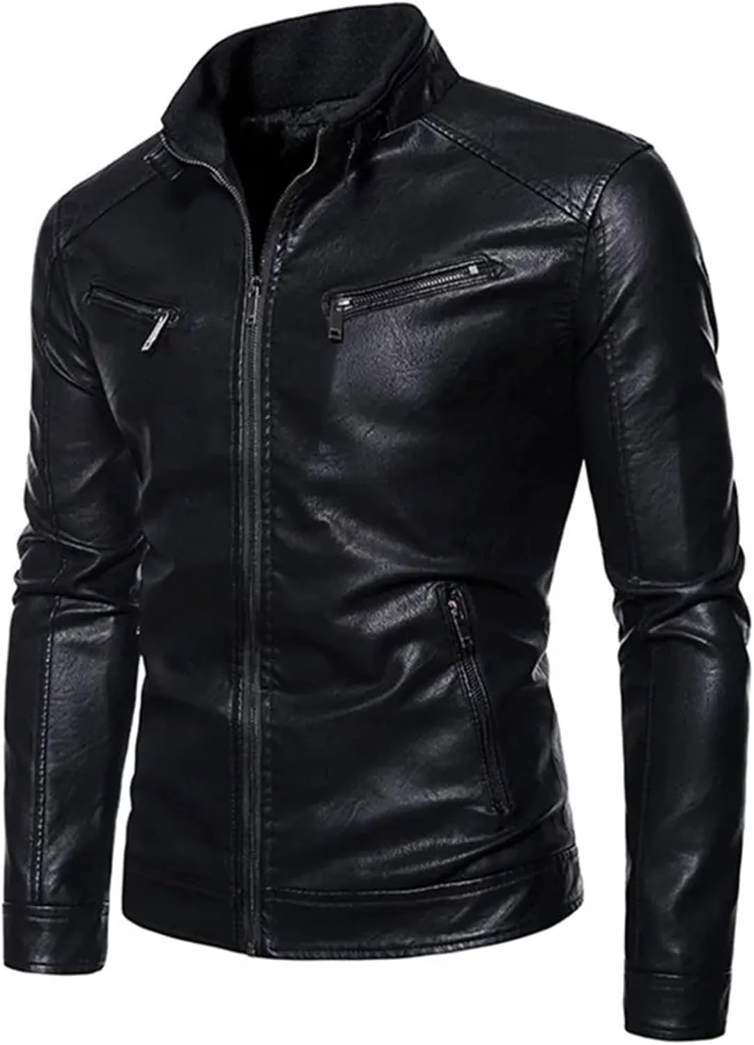 Mens Winter Leather Jacket Casual Stand Collar Solid Tight Zipper PU Jacket Black Motorcycle Leather Jacket