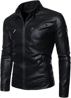 Mens Winter Leather Jacket Casual Stand Collar Solid Tight Zipper PU Jacket Black Motorcycle Leather Jacket